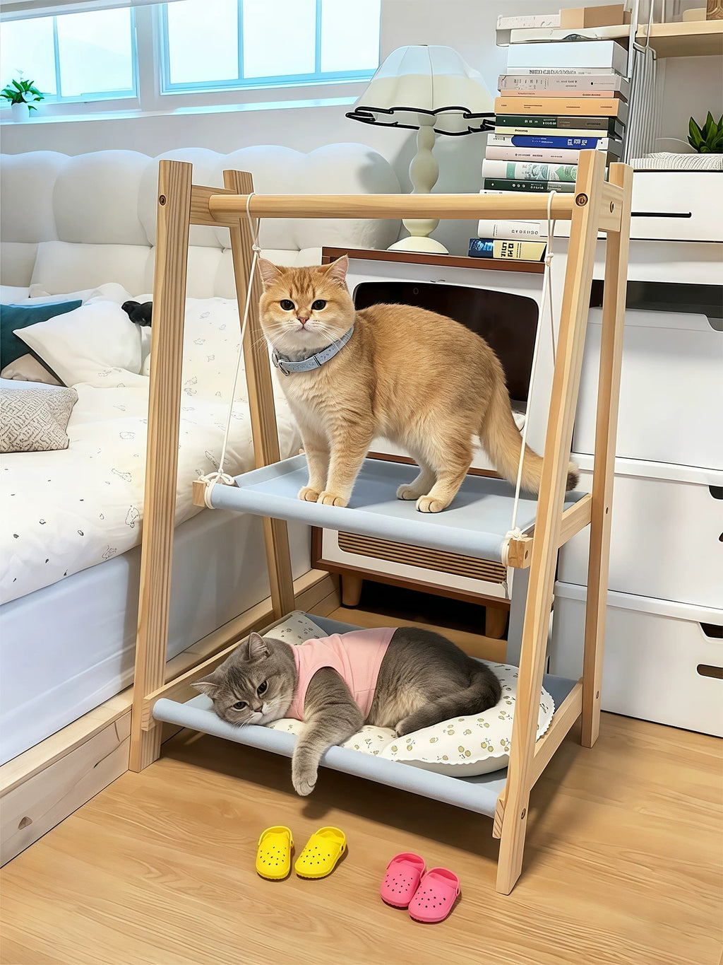 Double Layer Solid Wood Cat Hammock Bed