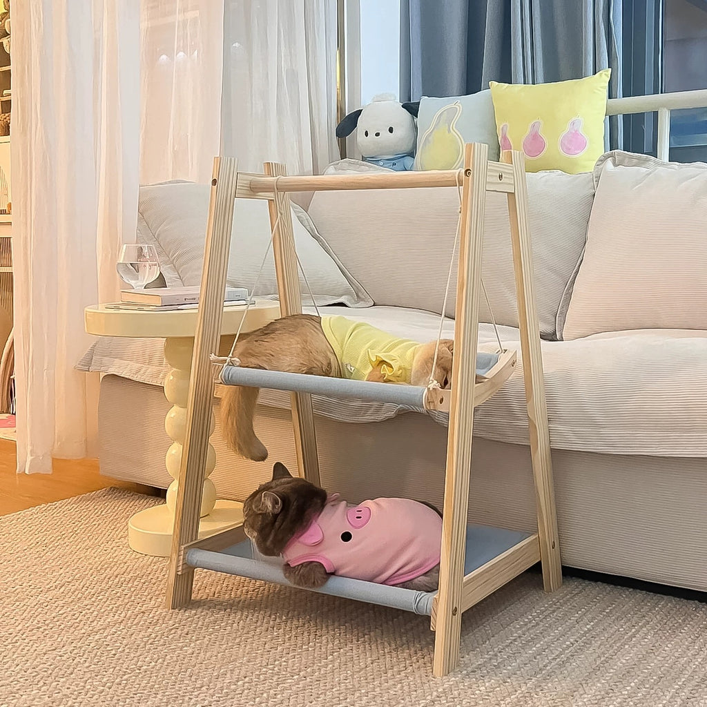Double Layer Solid Wood Cat Hammock Bed